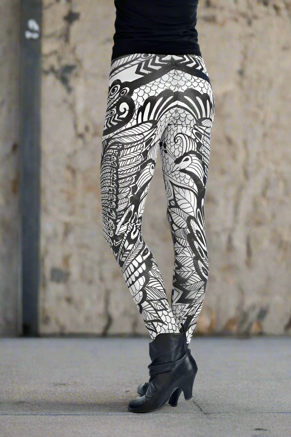 HIGH WAISTED BLACK & WHITE PEACOCK LEGGINGS