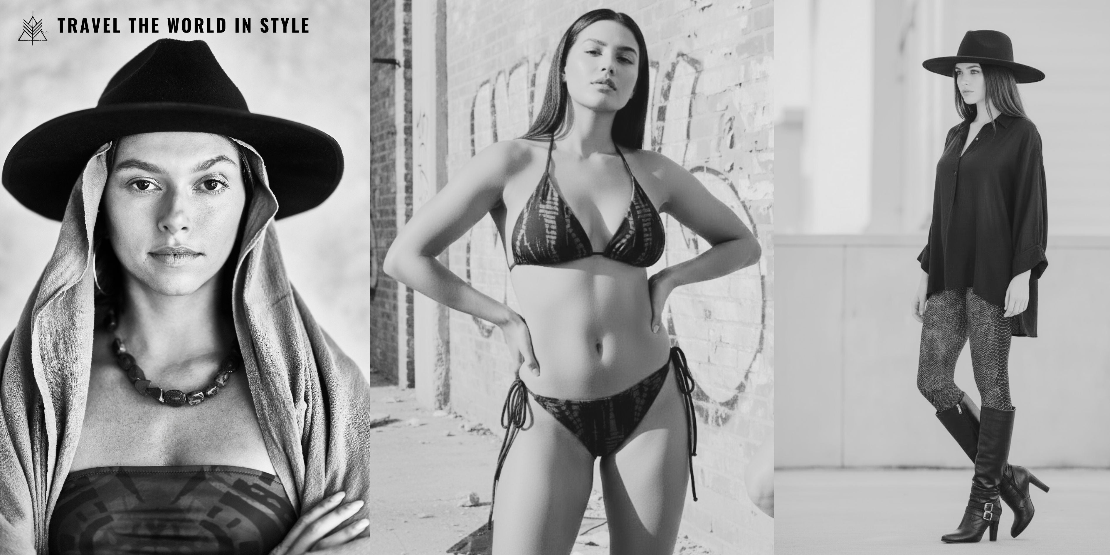 Collage of a woman in various poses with text 'Travel the World in Style'.