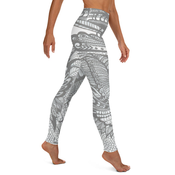 White & Grey Peacock High Waisted Yoga Leggings