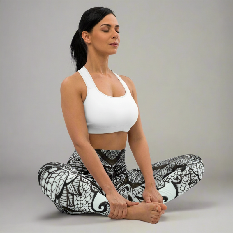 HIGH WAISTED BLACK & WHITE PEACOCK LEGGINGS