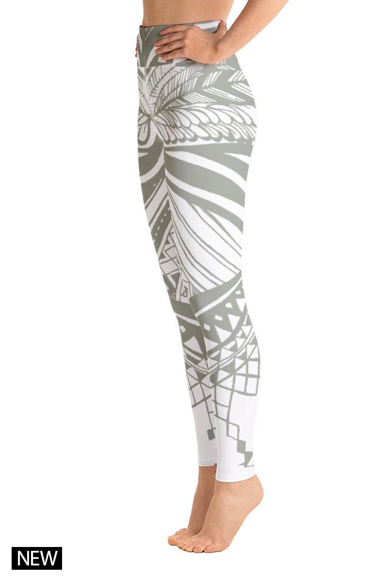 White & Khaki Butterfly Yoga leggings